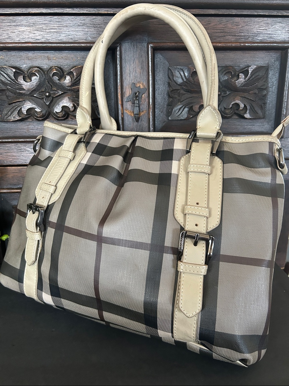 Neutral Plaid Satchel with Cream Leather Trim